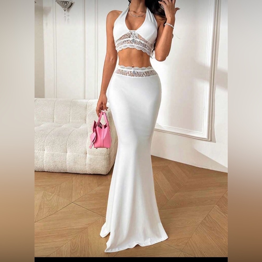 SHEIN White Lace Trim Skirt Set